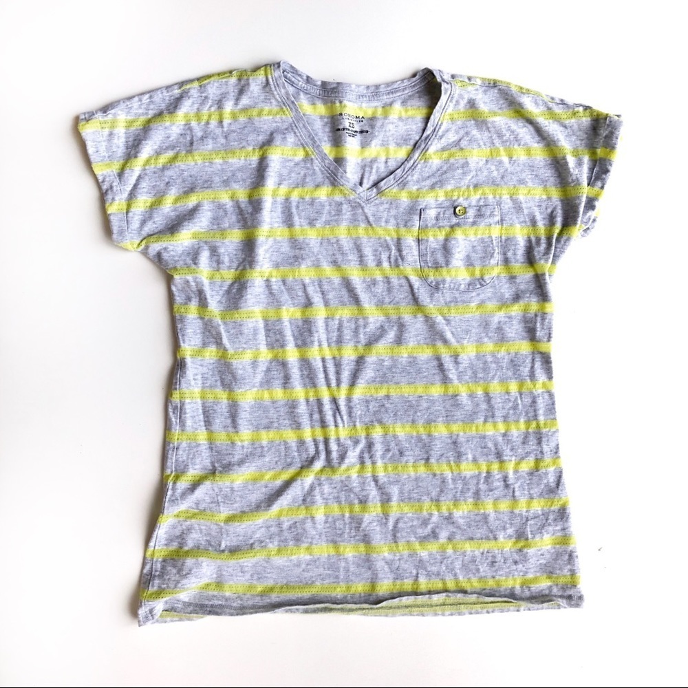 Striped V Neck Tee Gray Yellow Pocket T Shirt Casual Lightweight XS